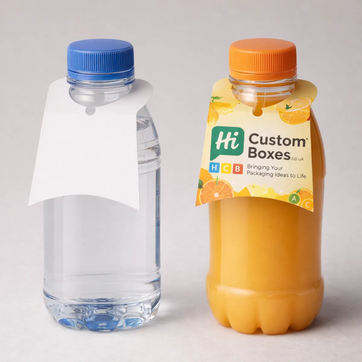 A water bottle and orange juice bottle showcasing a blank white and a branded colourful neck tag. class=